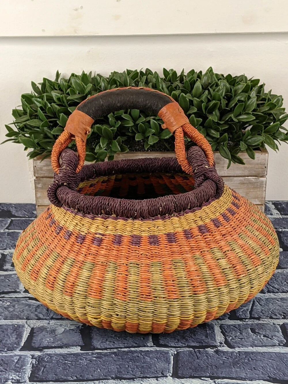 Handwoven African Bolga Basket w/ Wrapped Leather Handle